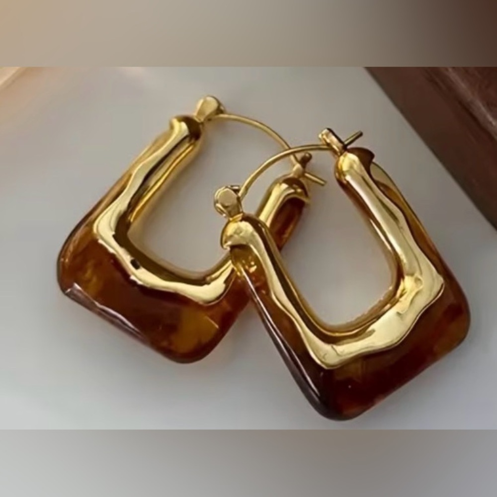 Tortoiseshell Hoop Earrings Gold Tone Acrylic Statement